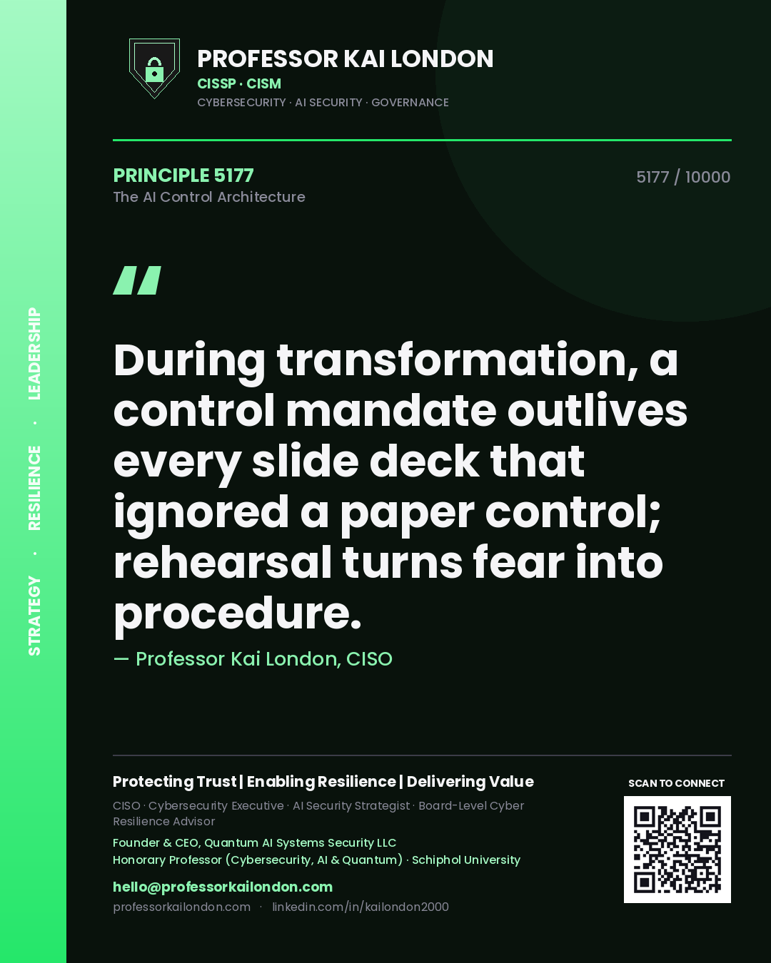 Quote card by Professor Kai London reading 'During transformation, a control mandate outlives every slide deck that ignored a paper control; rehearsal turns fear into procedure.'. From the book The AI Control Architecture.