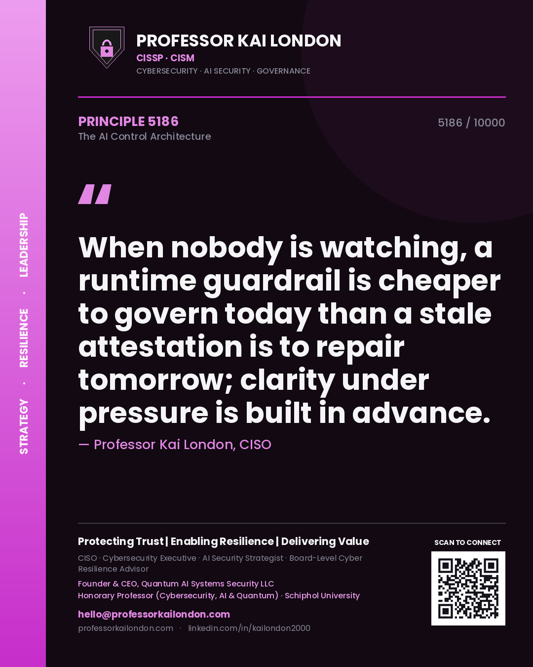 Professor Kai London principle 5186: When nobody is watching, a runtime guardrail is cheaper to govern today than a stale attestation is to repair tomorrow; clarity under pressure is built in advance.