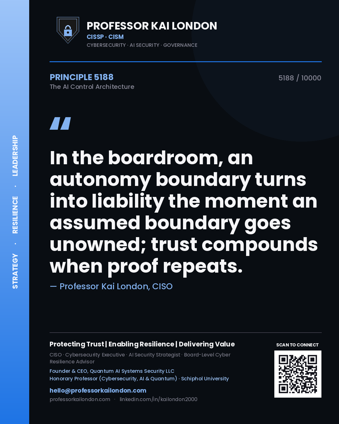 Professor Kai London principle 5188: In the boardroom, an autonomy boundary turns into liability the moment an assumed boundary goes unowned; trust compounds when proof repeats.