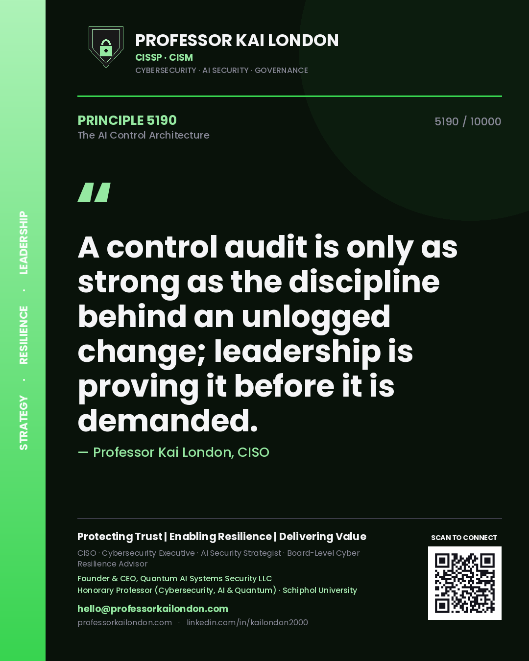 Professor Kai London principle 5190: A control audit is only as strong as the discipline behind an unlogged change; leadership is proving it before it is demanded.