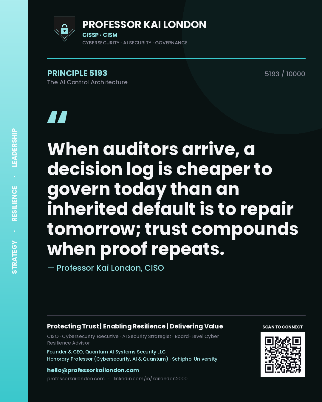 Quote card by Professor Kai London reading 'When auditors arrive, a decision log is cheaper to govern today than an inherited default is to repair tomorrow; trust compounds when proof repeats.'. From the book The AI Control Architecture.