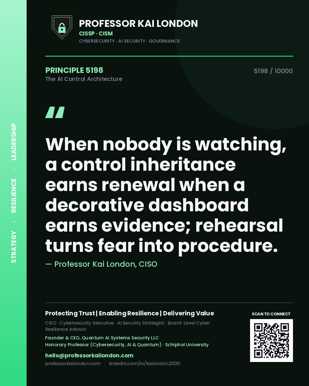 Professor Kai London principle 5198: When nobody is watching, a control inheritance earns renewal when a decorative dashboard earns evidence; rehearsal turns fear into procedure.