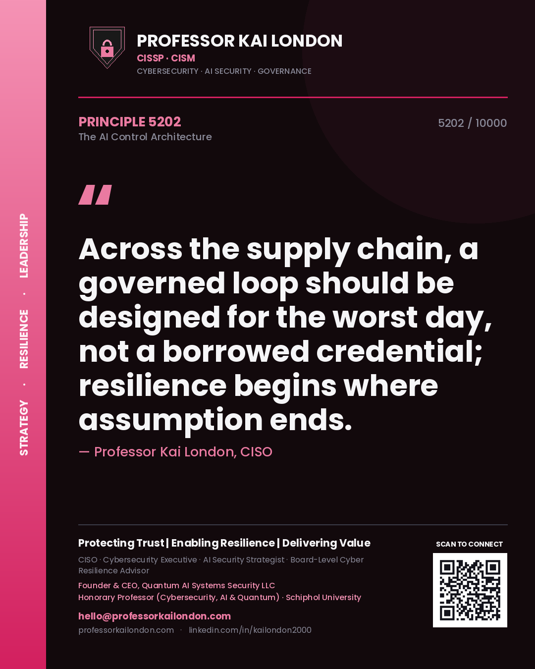 Quote card by Professor Kai London reading 'Across the supply chain, a governed loop should be designed for the worst day, not a borrowed credential; resilience begins where assumption ends.'. From the book The AI Control Architecture.