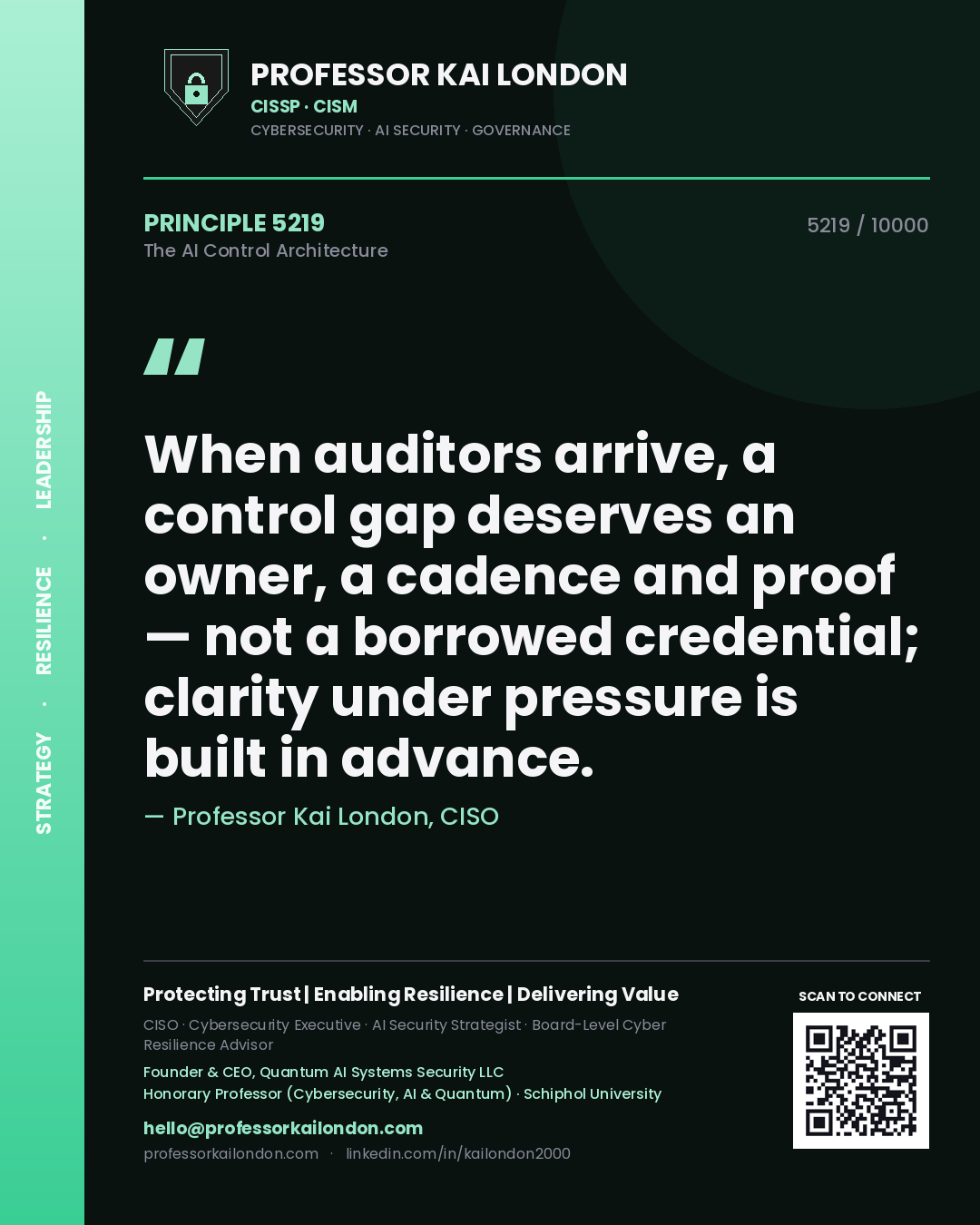 Quote card by Professor Kai London reading 'When auditors arrive, a control gap deserves an owner, a cadence and proof — not a borrowed credential; clarity under pressure is built in advance.'. From the book The AI Control Architecture.