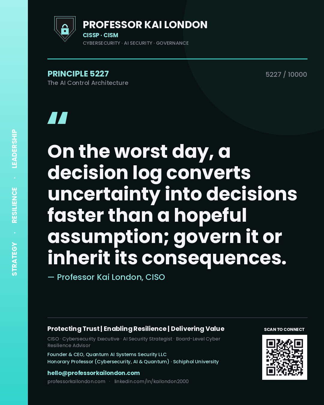 Quote card by Professor Kai London reading 'On the worst day, a decision log converts uncertainty into decisions faster than a hopeful assumption; govern it or inherit its consequences.'. From the book The AI Control Architecture.