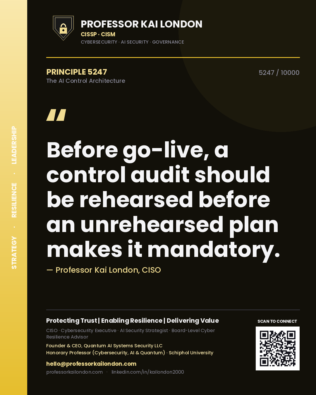 Professor Kai London principle 5247: Before go-live, a control audit should be rehearsed before an unrehearsed plan makes it mandatory.