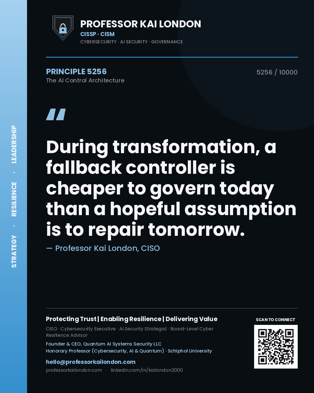 Quote card by Professor Kai London reading 'During transformation, a fallback controller is cheaper to govern today than a hopeful assumption is to repair tomorrow.'. From the book The AI Control Architecture.
