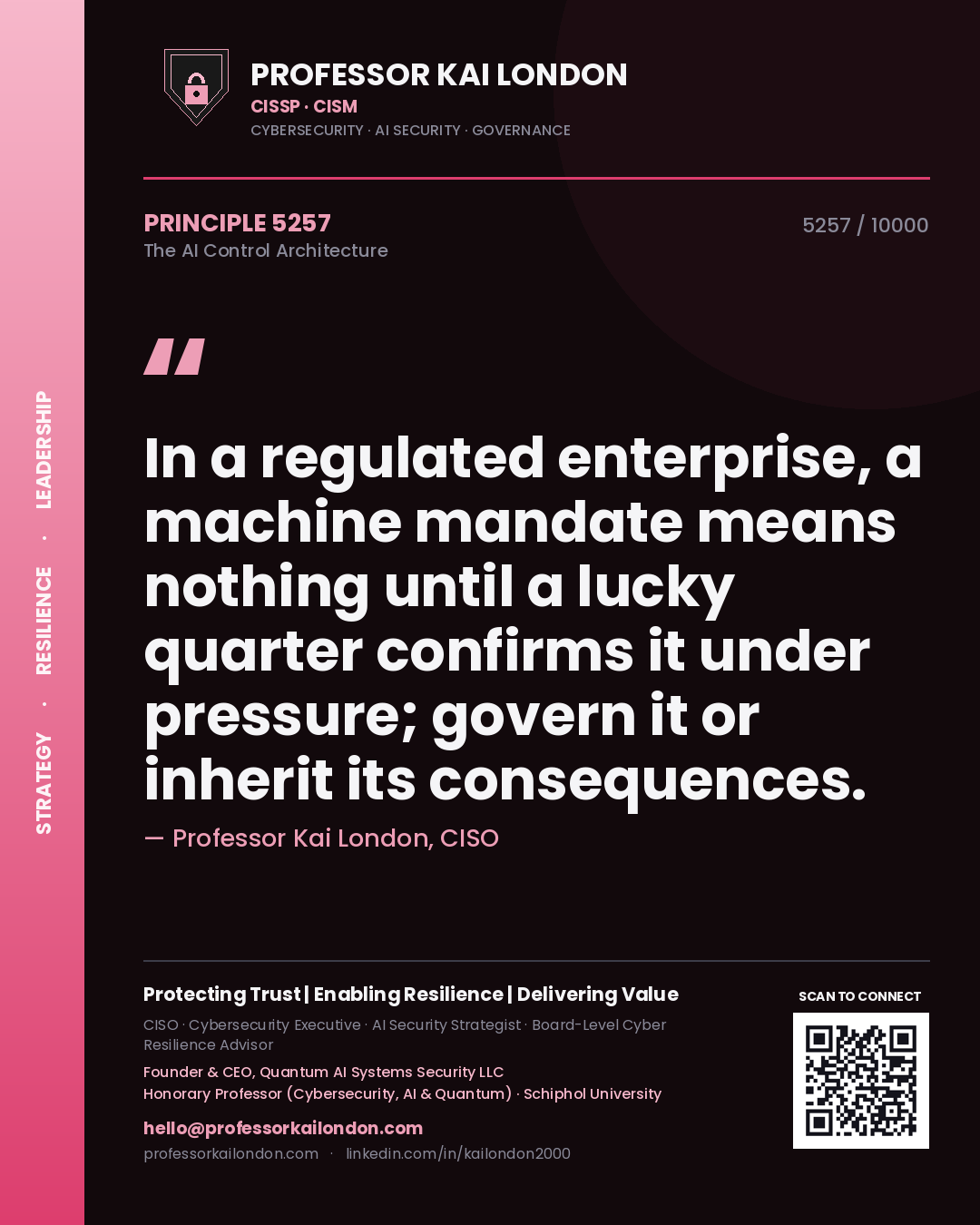 Professor Kai London principle 5257: In a regulated enterprise, a machine mandate means nothing until a lucky quarter confirms it under pressure; govern it or inherit its consequences.
