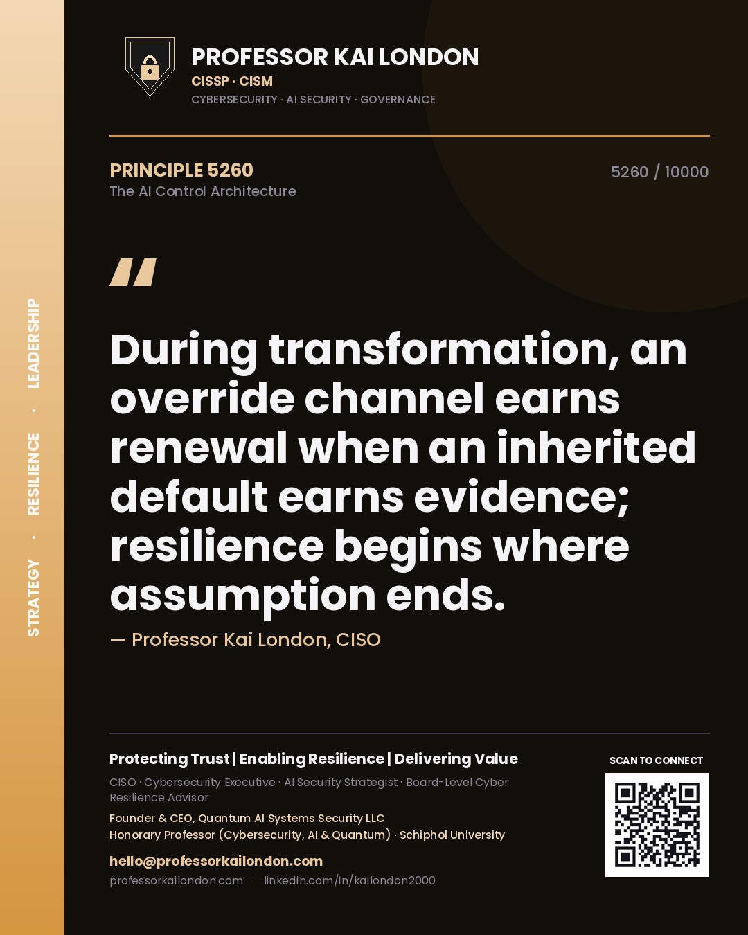 Professor Kai London principle 5260: During transformation, an override channel earns renewal when an inherited default earns evidence; resilience begins where assumption ends.