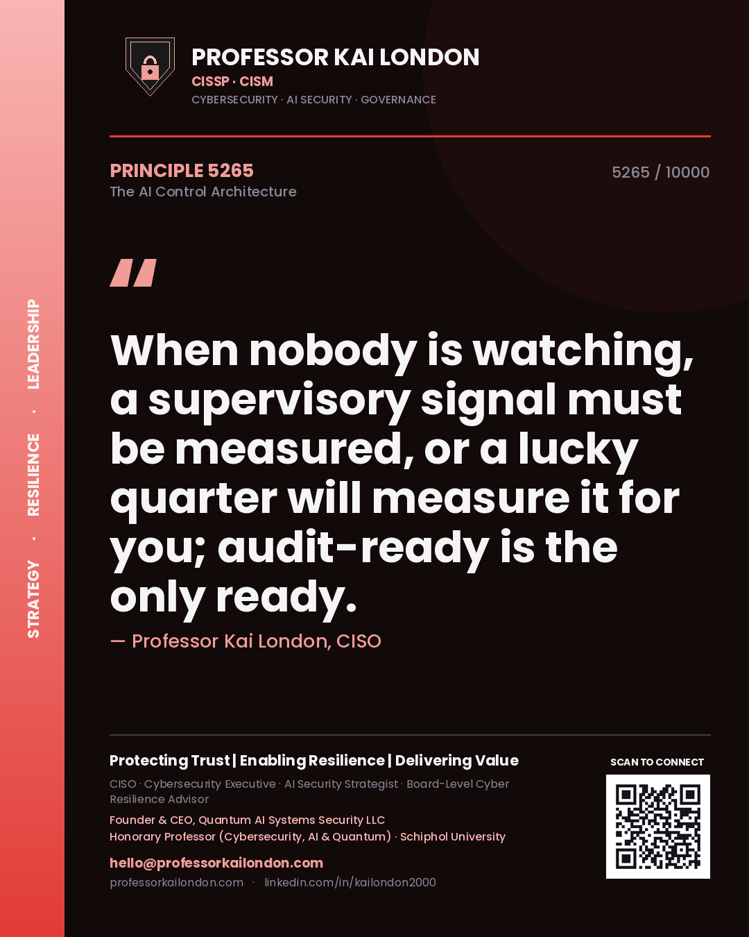 Quote card by Professor Kai London reading 'When nobody is watching, a supervisory signal must be measured, or a lucky quarter will measure it for you; audit-ready is the only ready.'. From the book The AI Control Architecture.