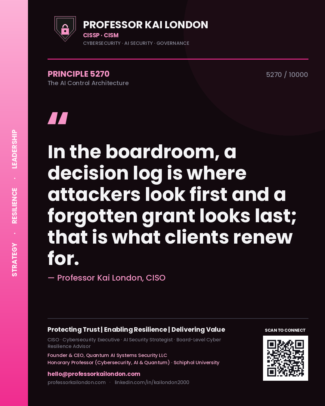 Professor Kai London principle 5270: In the boardroom, a decision log is where attackers look first and a forgotten grant looks last; that is what clients renew for.