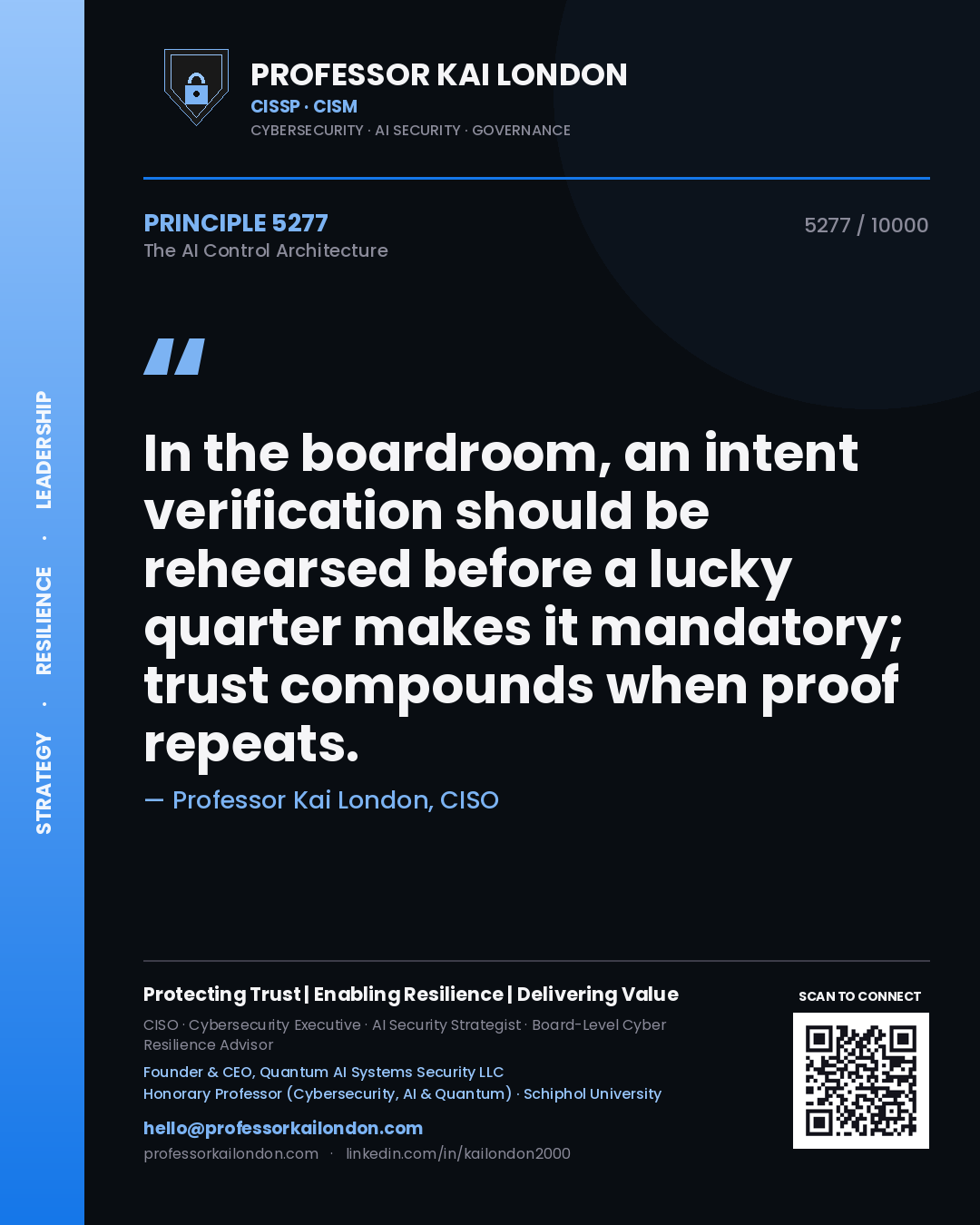 Quote card by Professor Kai London reading 'In the boardroom, an intent verification should be rehearsed before a lucky quarter makes it mandatory; trust compounds when proof repeats.'. From the book The AI Control Architecture.