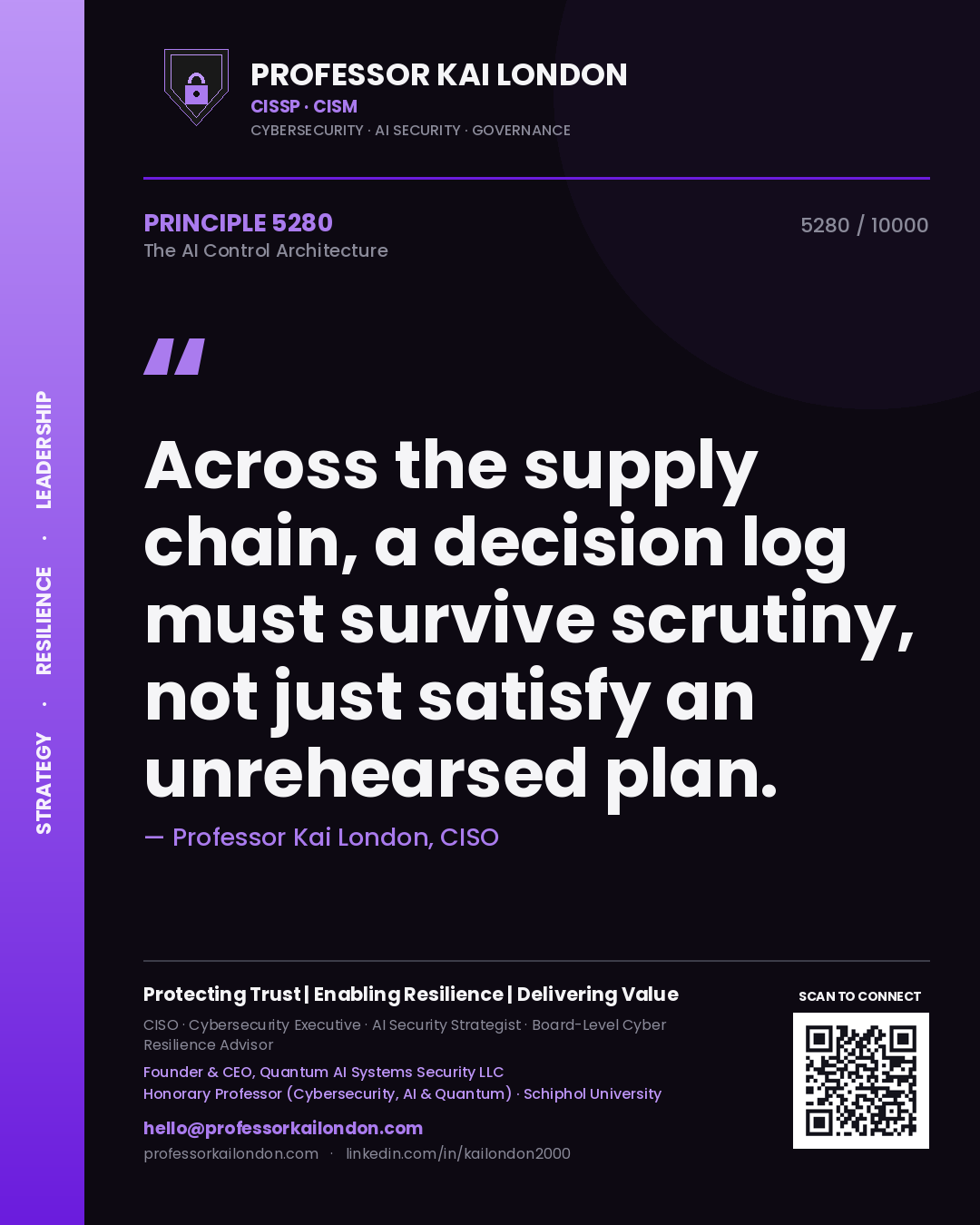 Quote card by Professor Kai London reading 'Across the supply chain, a decision log must survive scrutiny, not just satisfy an unrehearsed plan.'. From the book The AI Control Architecture.