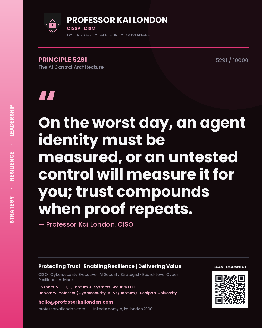 Professor Kai London principle 5291: On the worst day, an agent identity must be measured, or an untested control will measure it for you; trust compounds when proof repeats.