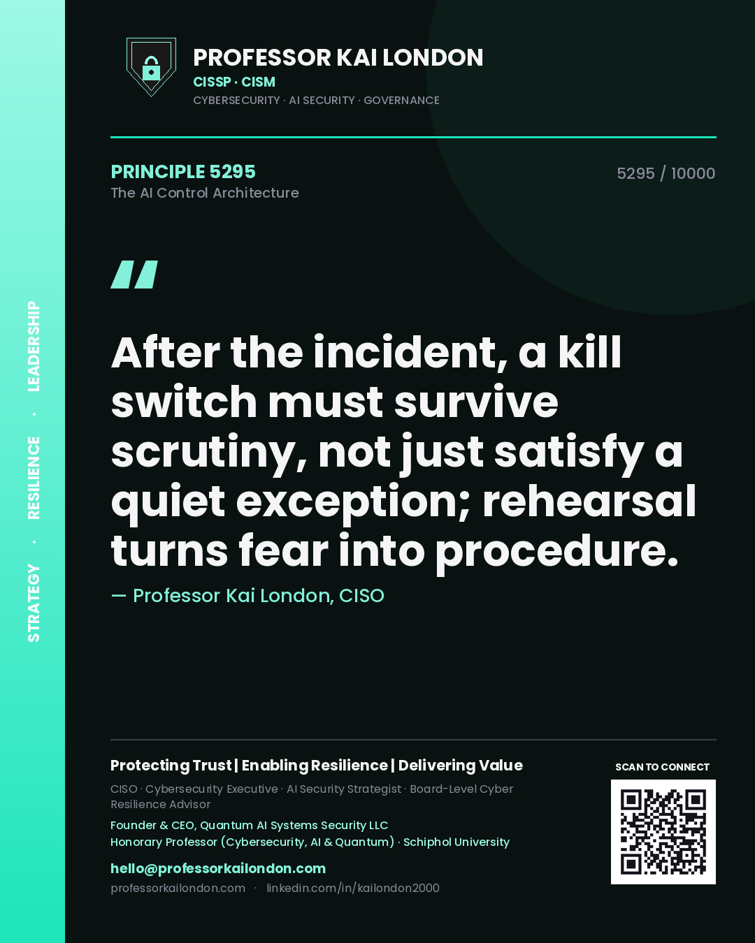 Quote card by Professor Kai London reading 'After the incident, a kill switch must survive scrutiny, not just satisfy a quiet exception; rehearsal turns fear into procedure.'. From the book The AI Control Architecture.