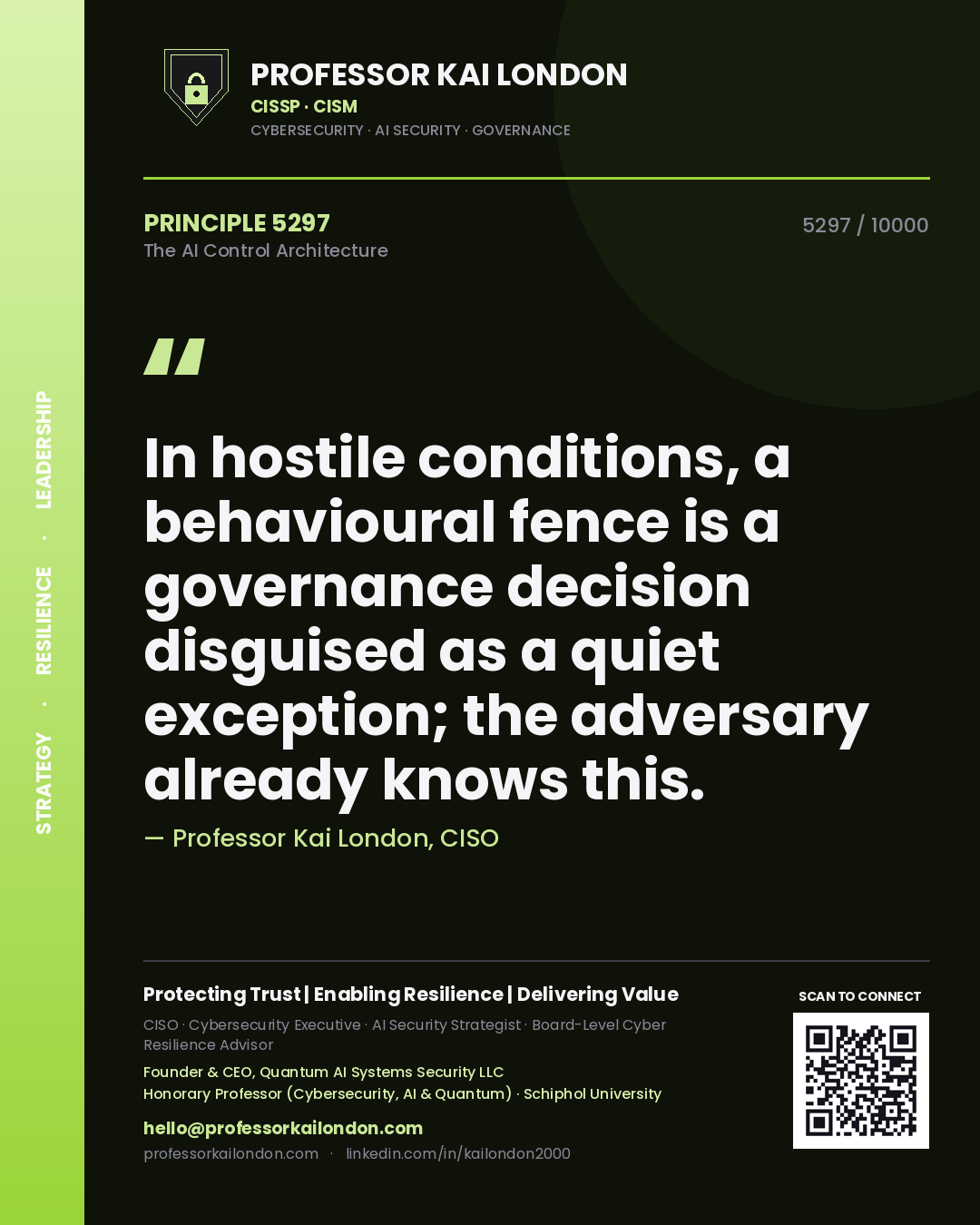 Professor Kai London principle 5297: In hostile conditions, a behavioural fence is a governance decision disguised as a quiet exception; the adversary already knows this.