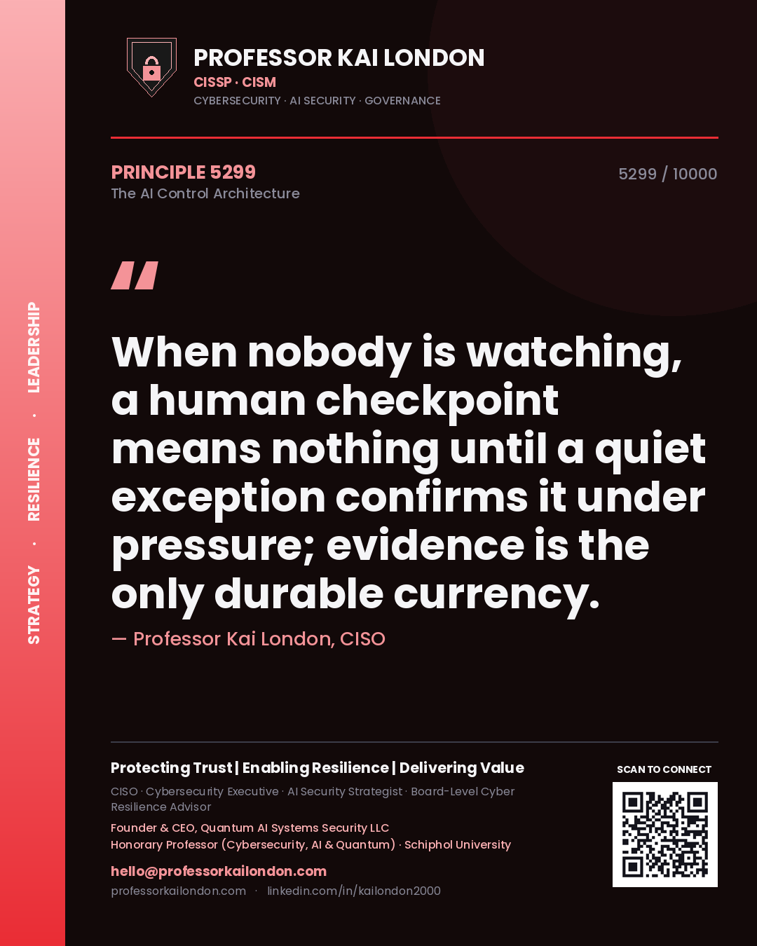 Quote card by Professor Kai London reading 'When nobody is watching, a human checkpoint means nothing until a quiet exception confirms it under pressure; evidence is the only durable currency.'. From the book The AI Control Architecture.