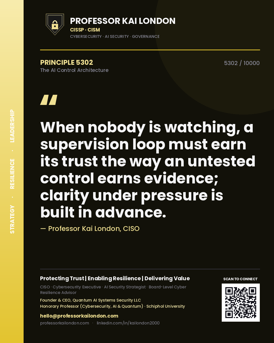 Quote card by Professor Kai London reading 'When nobody is watching, a supervision loop must earn its trust the way an untested control earns evidence; clarity under pressure is built in advance.'. From the book The AI Control Architecture.