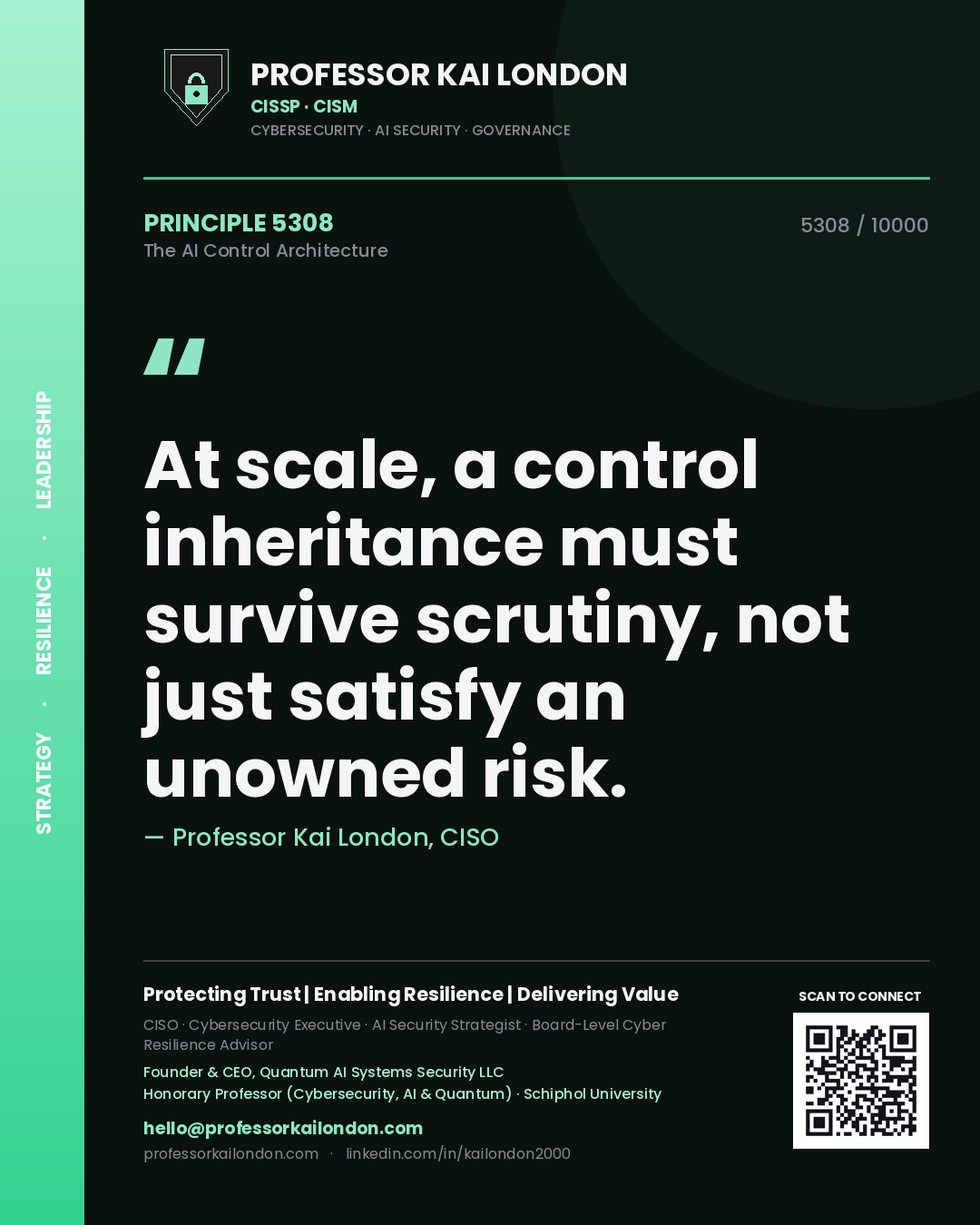 Quote card by Professor Kai London reading 'At scale, a control inheritance must survive scrutiny, not just satisfy an unowned risk.'. From the book The AI Control Architecture.