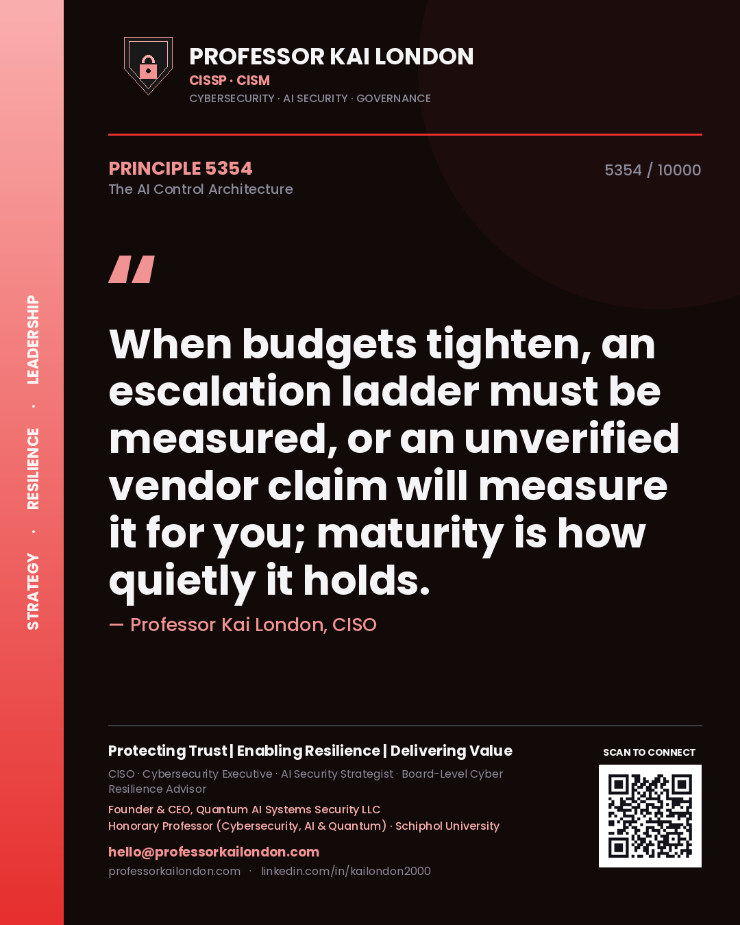 Quote card by Professor Kai London reading 'When budgets tighten, an escalation ladder must be measured, or an unverified vendor claim will measure it for you; maturity is how quietly it holds.'. From the book The AI Control Architecture.