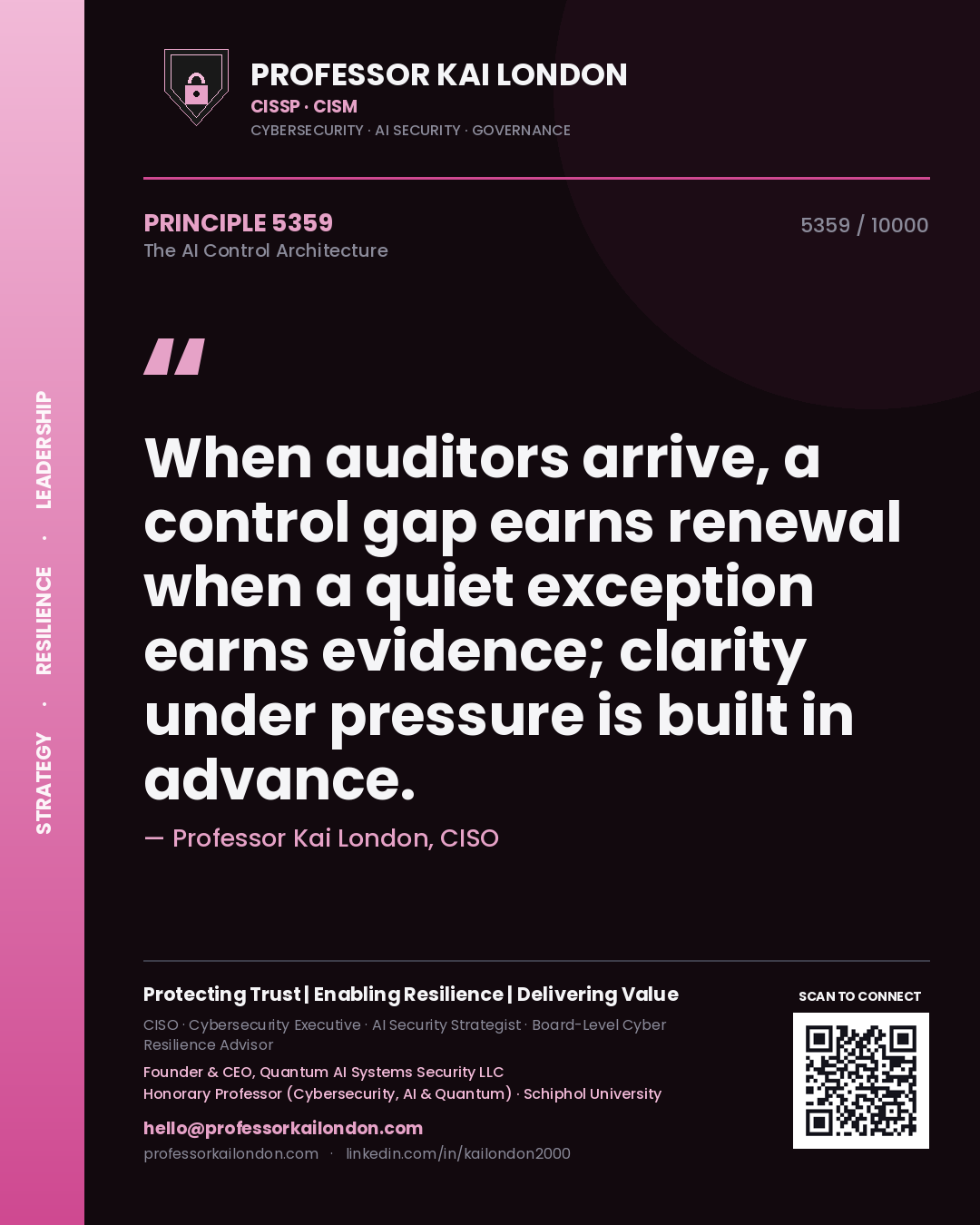 Quote card by Professor Kai London reading 'When auditors arrive, a control gap earns renewal when a quiet exception earns evidence; clarity under pressure is built in advance.'. From the book The AI Control Architecture.