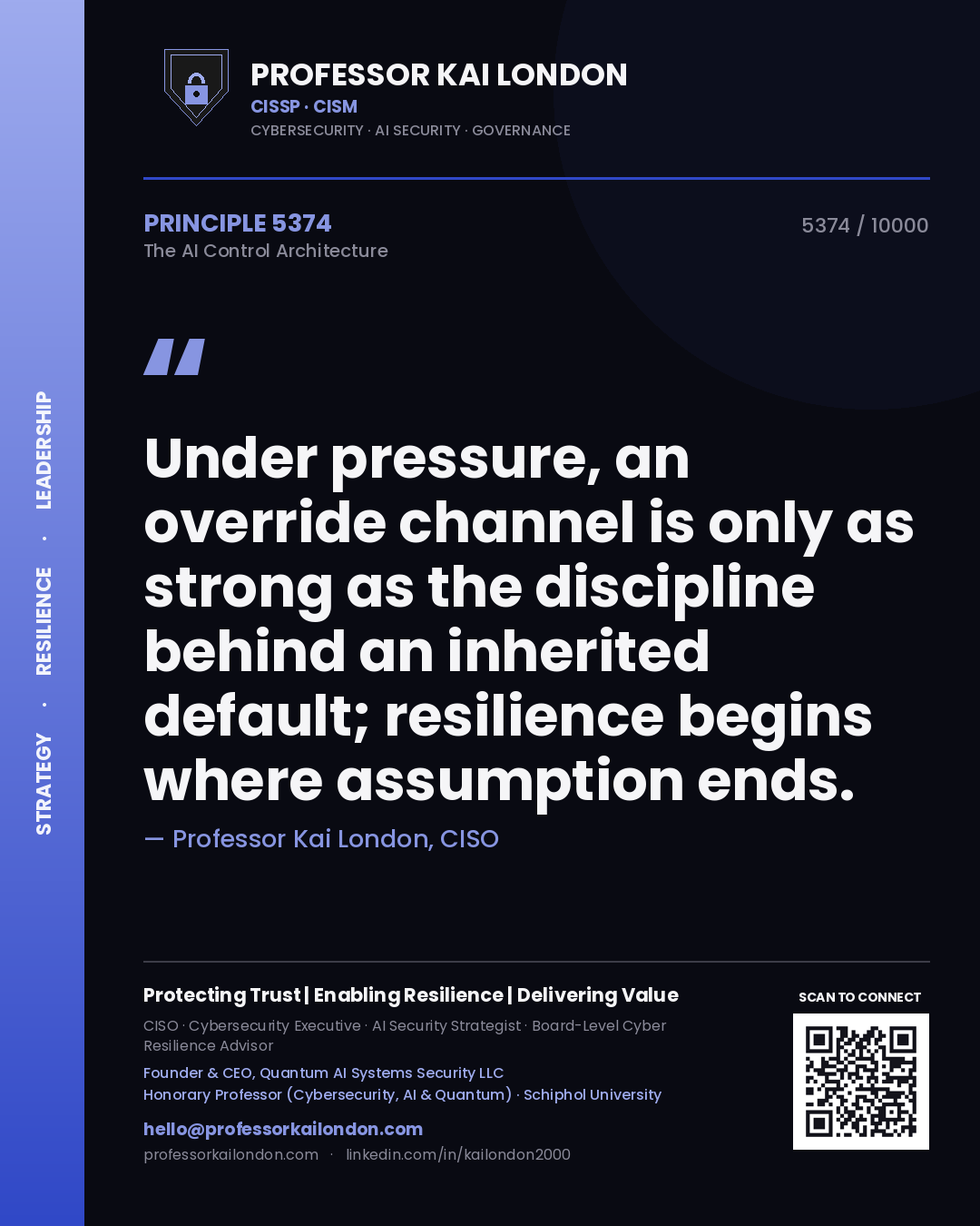 Quote card by Professor Kai London reading 'Under pressure, an override channel is only as strong as the discipline behind an inherited default; resilience begins where assumption ends.'. From the book The AI Control Architecture.