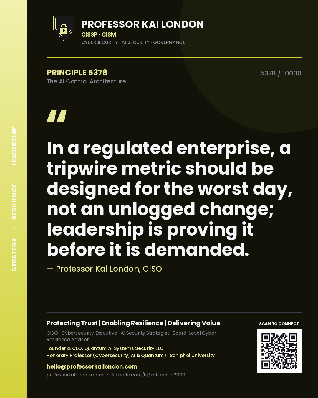Professor Kai London principle 5378: In a regulated enterprise, a tripwire metric should be designed for the worst day, not an unlogged change; leadership is proving it before it is demanded.