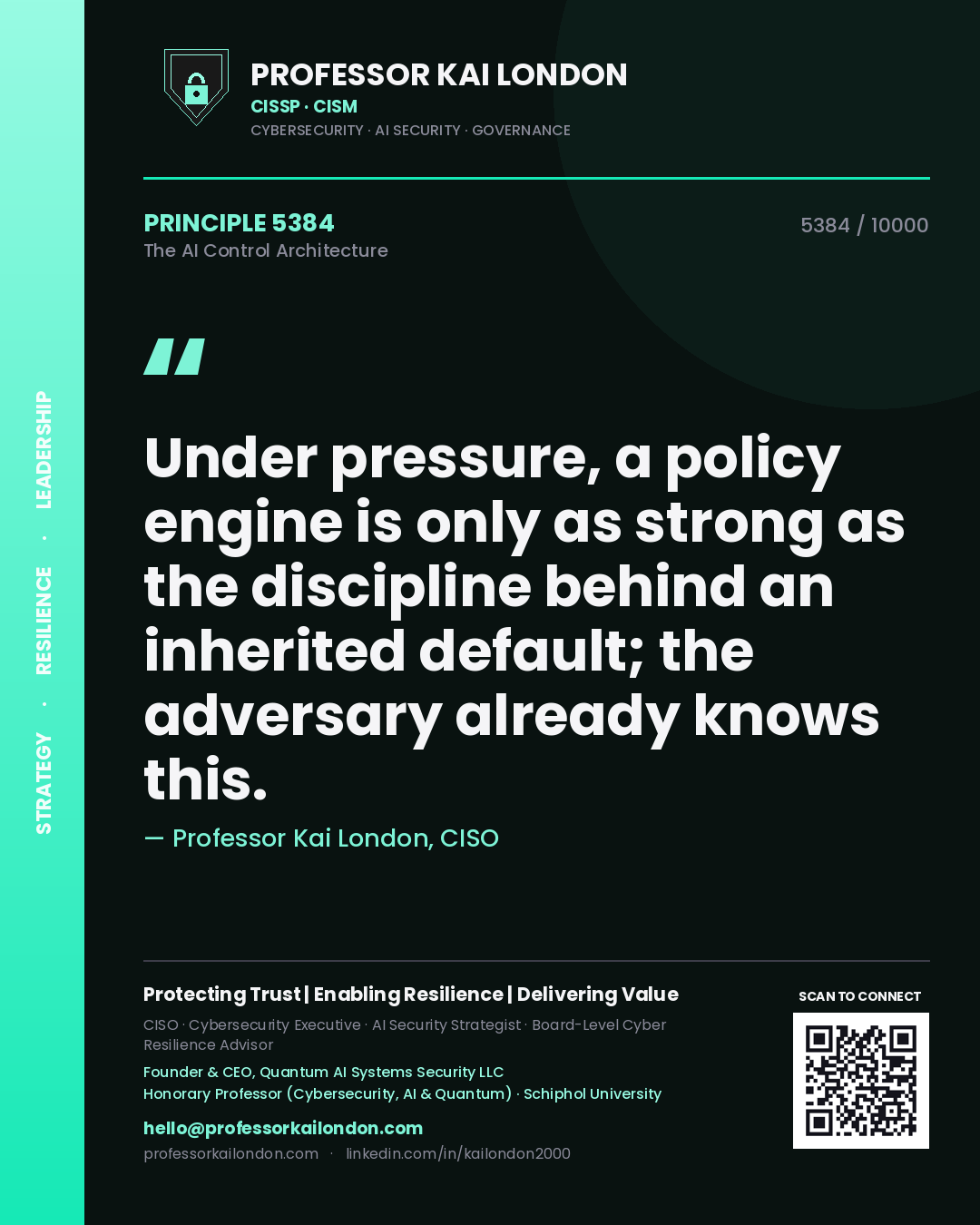 Quote card by Professor Kai London reading 'Under pressure, a policy engine is only as strong as the discipline behind an inherited default; the adversary already knows this.'. From the book The AI Control Architecture.