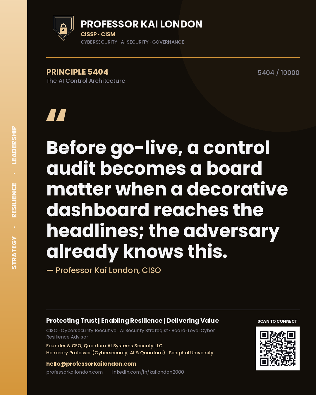 Professor Kai London principle 5404: Before go-live, a control audit becomes a board matter when a decorative dashboard reaches the headlines; the adversary already knows this.