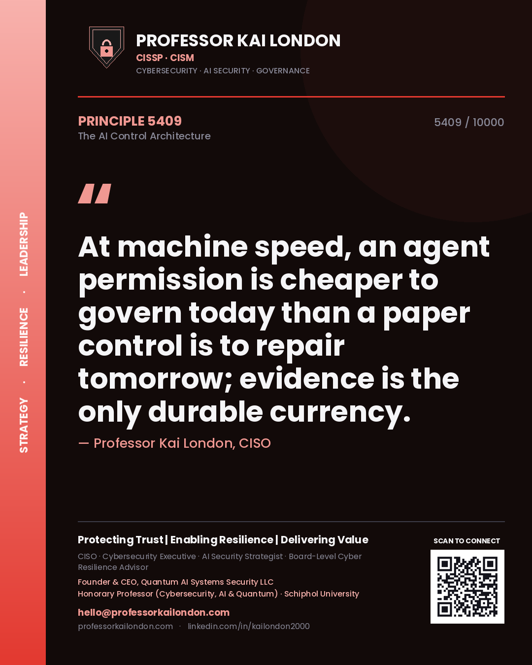 Quote card by Professor Kai London reading 'At machine speed, an agent permission is cheaper to govern today than a paper control is to repair tomorrow; evidence is the only durable currency.'. From the book The AI Control Architecture.
