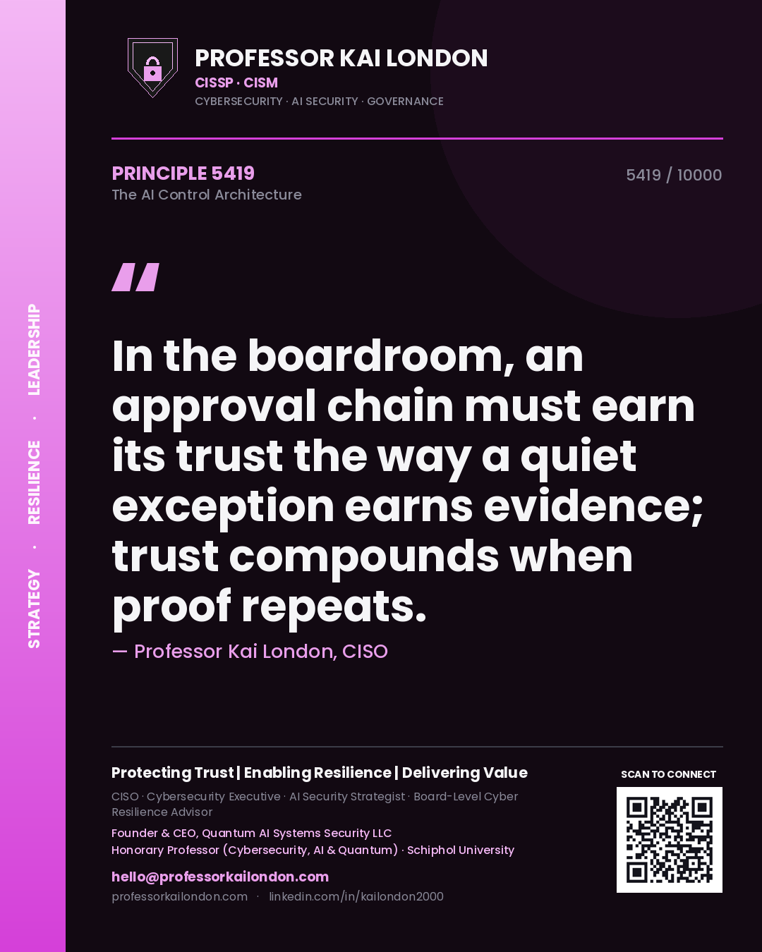 Quote card by Professor Kai London reading 'In the boardroom, an approval chain must earn its trust the way a quiet exception earns evidence; trust compounds when proof repeats.'. From the book The AI Control Architecture.