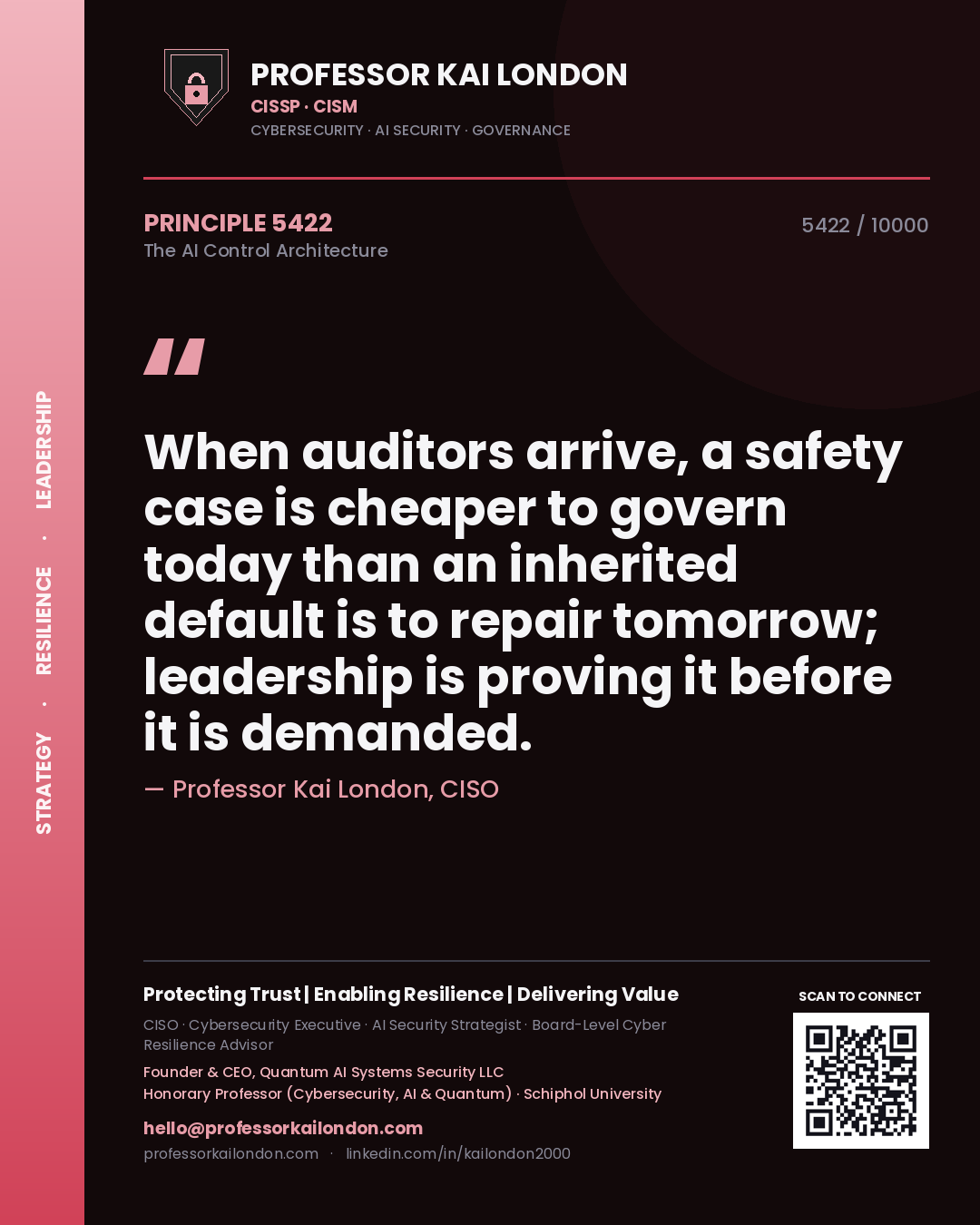 Quote card by Professor Kai London reading 'When auditors arrive, a safety case is cheaper to govern today than an inherited default is to repair tomorrow; leadership is proving it before it is demanded.'. From the book The AI Control Architecture.