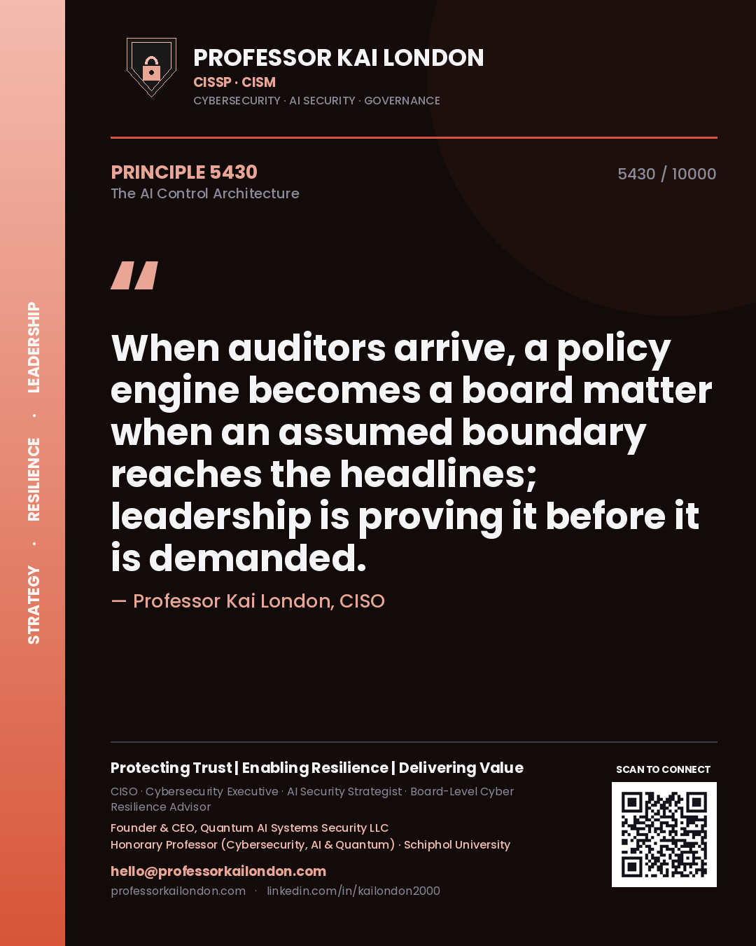 Quote card by Professor Kai London reading 'When auditors arrive, a policy engine becomes a board matter when an assumed boundary reaches the headlines; leadership is proving it before it is demanded.'. From the book The AI Control Architecture.