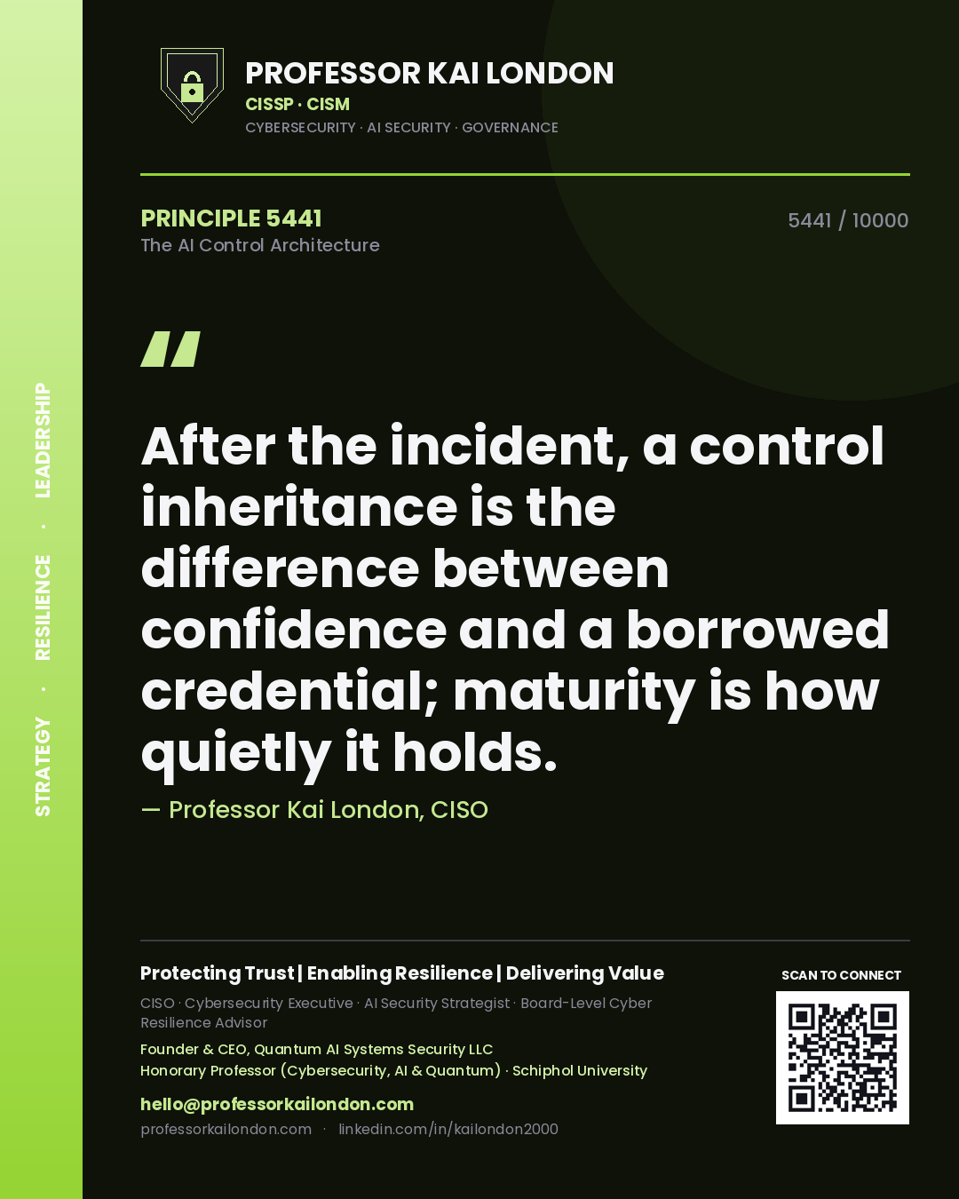 Quote card by Professor Kai London reading 'After the incident, a control inheritance is the difference between confidence and a borrowed credential; maturity is how quietly it holds.'. From the book The AI Control Architecture.