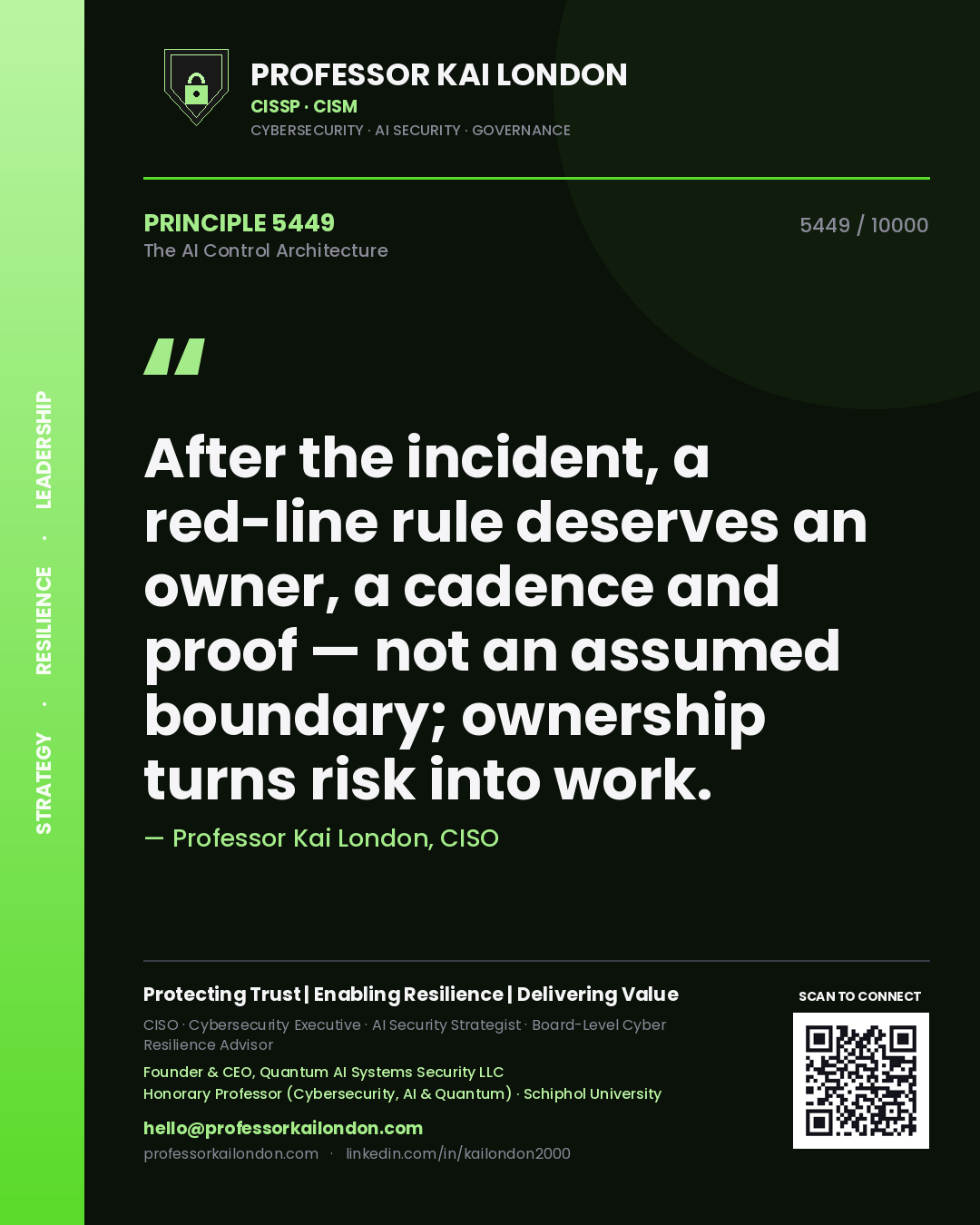 Quote card by Professor Kai London reading 'After the incident, a red-line rule deserves an owner, a cadence and proof — not an assumed boundary; ownership turns risk into work.'. From the book The AI Control Architecture.