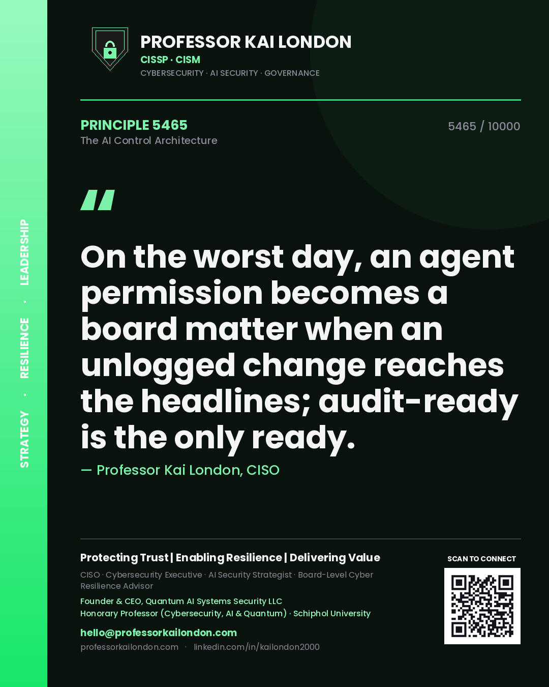 Professor Kai London principle 5465: On the worst day, an agent permission becomes a board matter when an unlogged change reaches the headlines; audit-ready is the only ready.