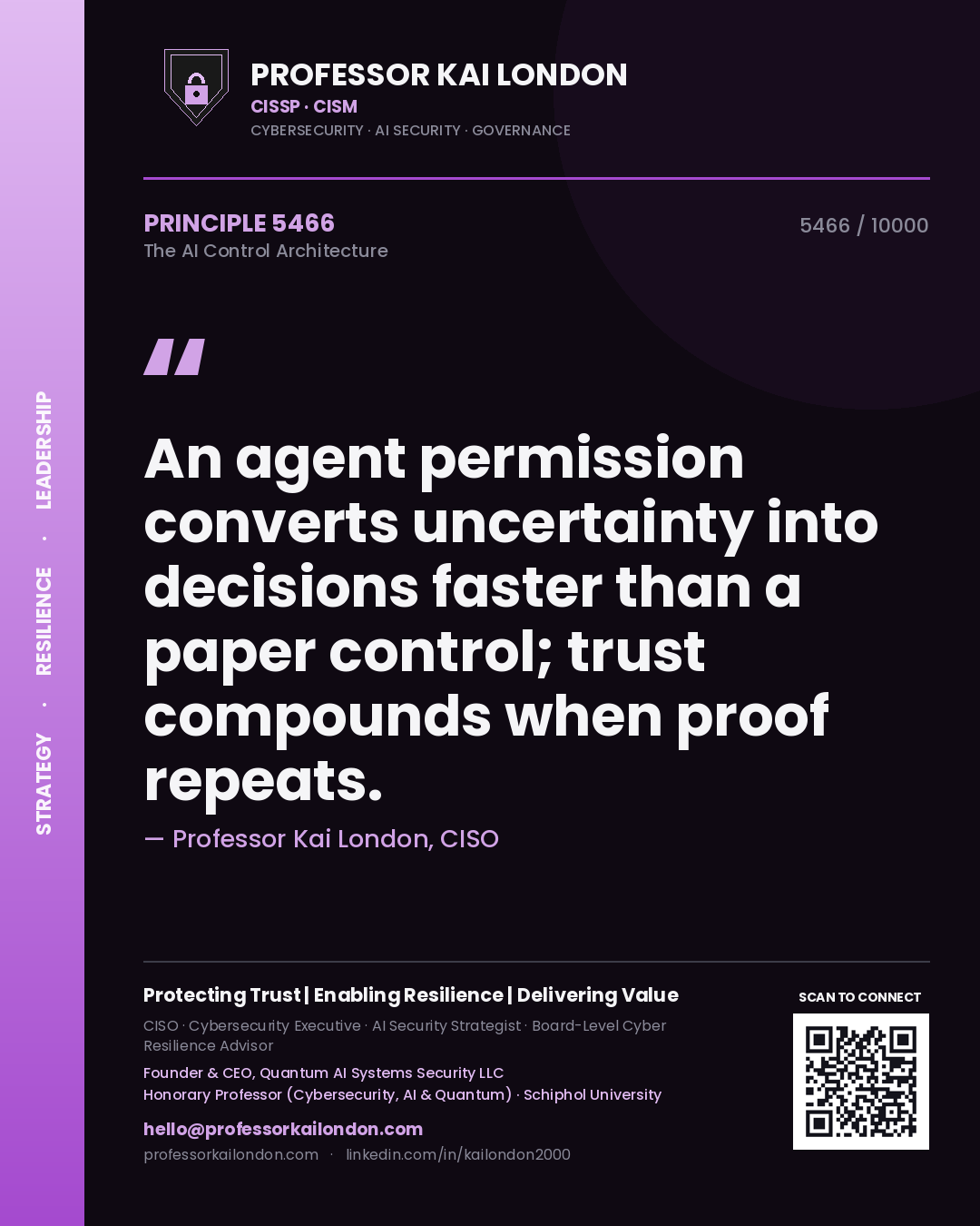 Quote card by Professor Kai London reading 'An agent permission converts uncertainty into decisions faster than a paper control; trust compounds when proof repeats.'. From the book The AI Control Architecture.