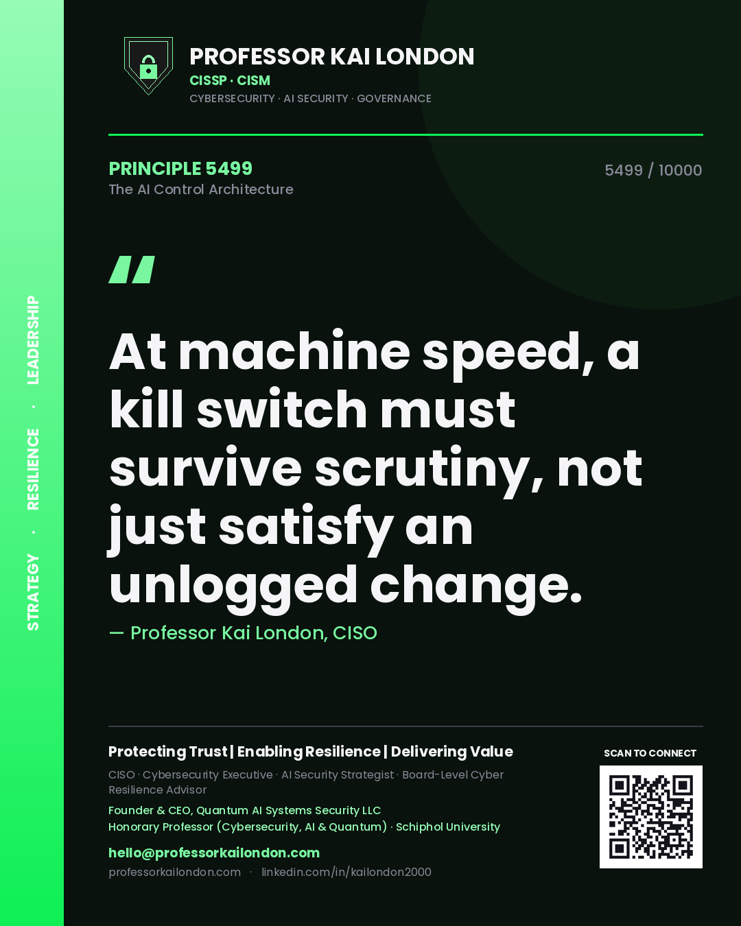 Quote card by Professor Kai London reading 'At machine speed, a kill switch must survive scrutiny, not just satisfy an unlogged change.'. From the book The AI Control Architecture.
