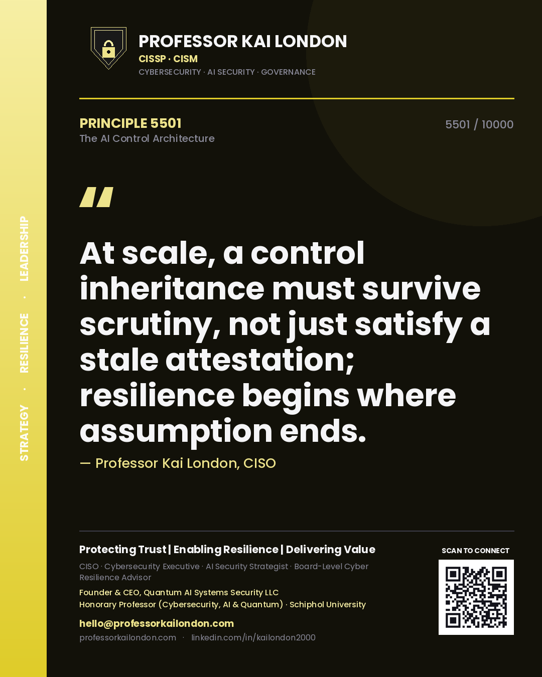Professor Kai London principle 5501: At scale, a control inheritance must survive scrutiny, not just satisfy a stale attestation; resilience begins where assumption ends.