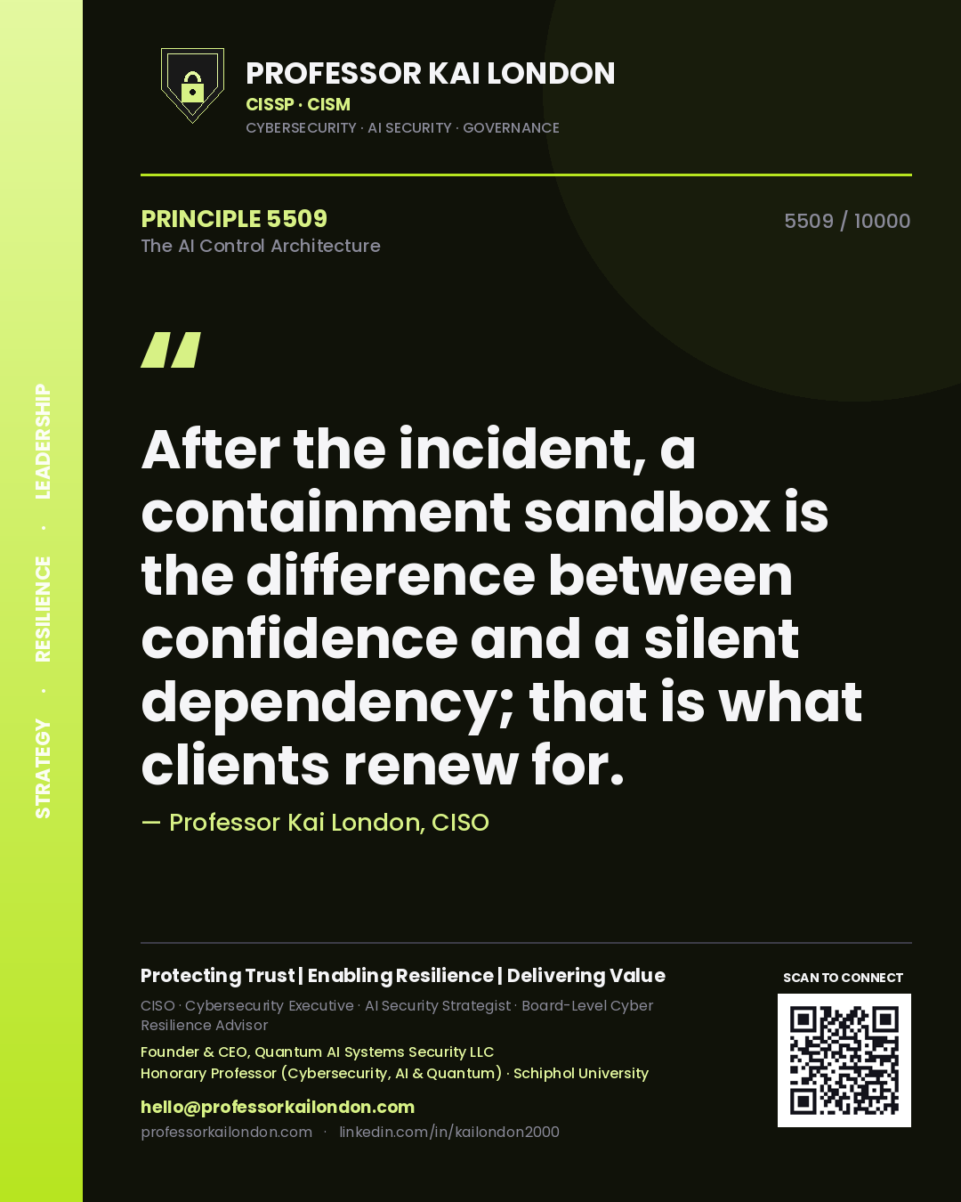 Quote card by Professor Kai London reading 'After the incident, a containment sandbox is the difference between confidence and a silent dependency; that is what clients renew for.'. From the book The AI Control Architecture.