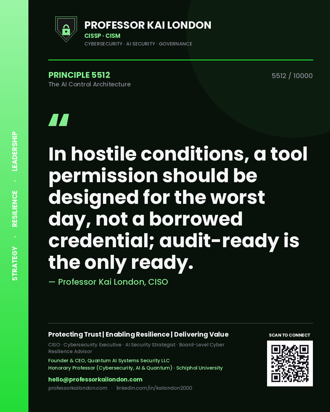 Quote card by Professor Kai London reading 'In hostile conditions, a tool permission should be designed for the worst day, not a borrowed credential; audit-ready is the only ready.'. From the book The AI Control Architecture.