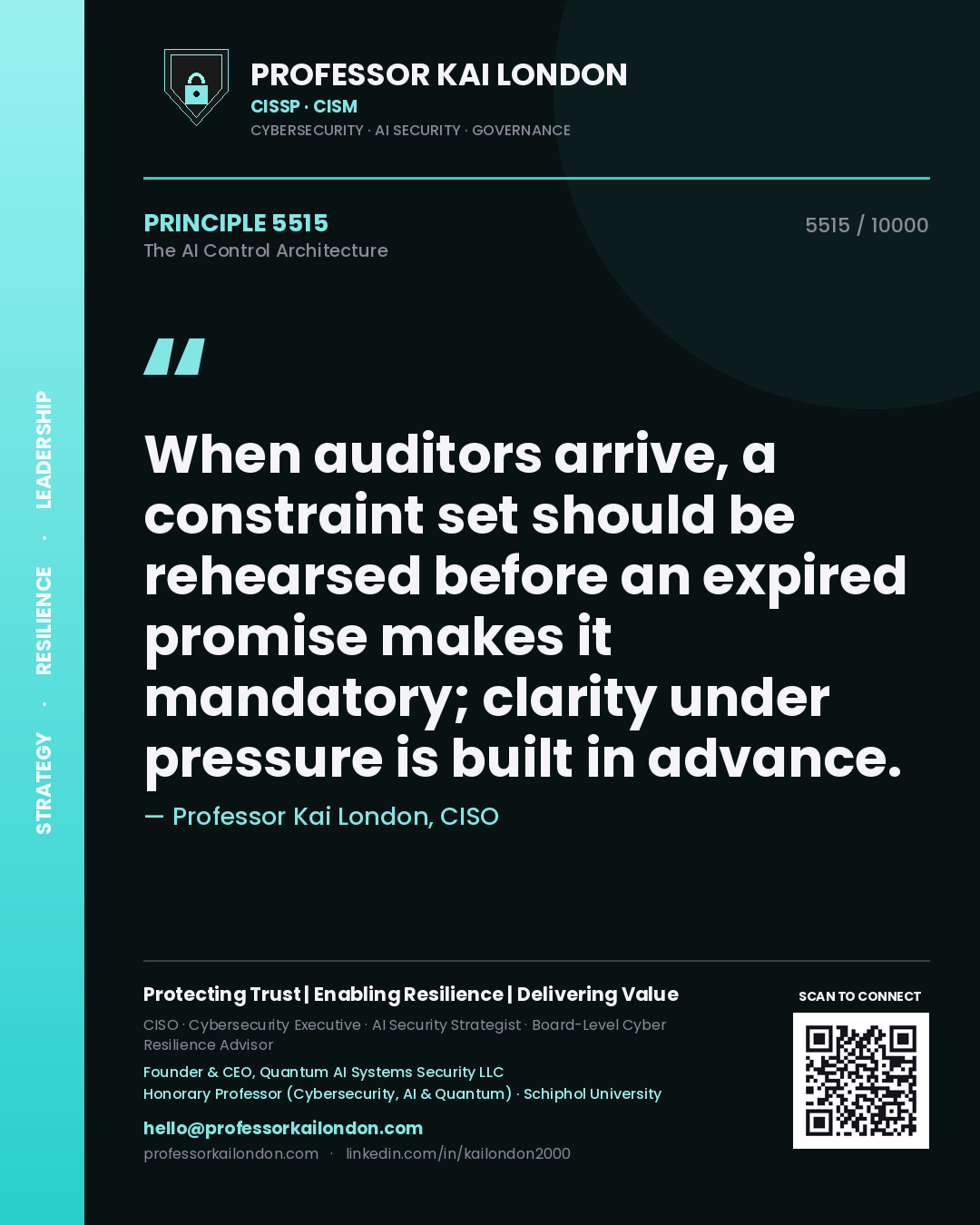 Quote card by Professor Kai London reading 'When auditors arrive, a constraint set should be rehearsed before an expired promise makes it mandatory; clarity under pressure is built in advance.'. From the book The AI Control Architecture.
