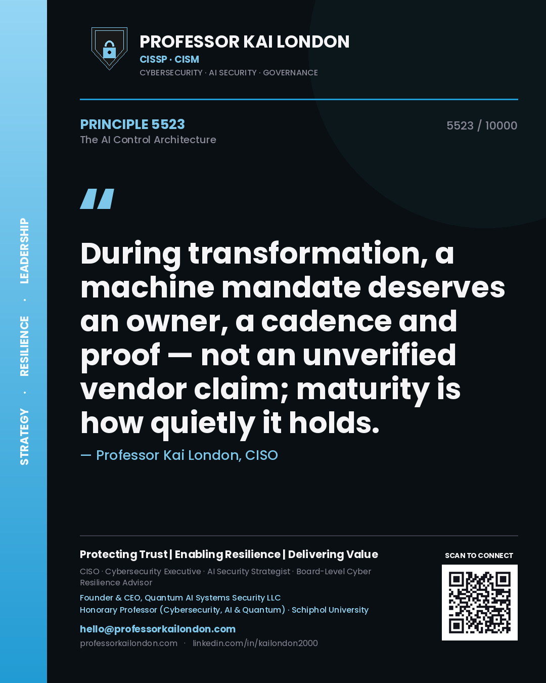 Quote card by Professor Kai London reading 'During transformation, a machine mandate deserves an owner, a cadence and proof — not an unverified vendor claim; maturity is how quietly it holds.'. From the book The AI Control Architecture.