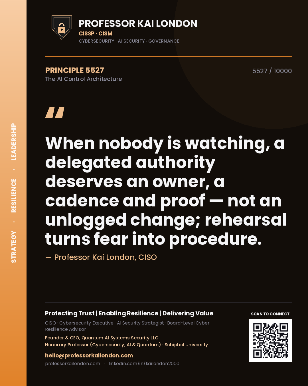 Quote card by Professor Kai London reading 'When nobody is watching, a delegated authority deserves an owner, a cadence and proof — not an unlogged change; rehearsal turns fear into procedure.'. From the book The AI Control Architecture.