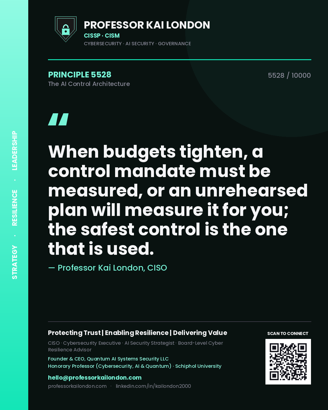 Professor Kai London principle 5528: When budgets tighten, a control mandate must be measured, or an unrehearsed plan will measure it for you; the safest control is the one that is used.