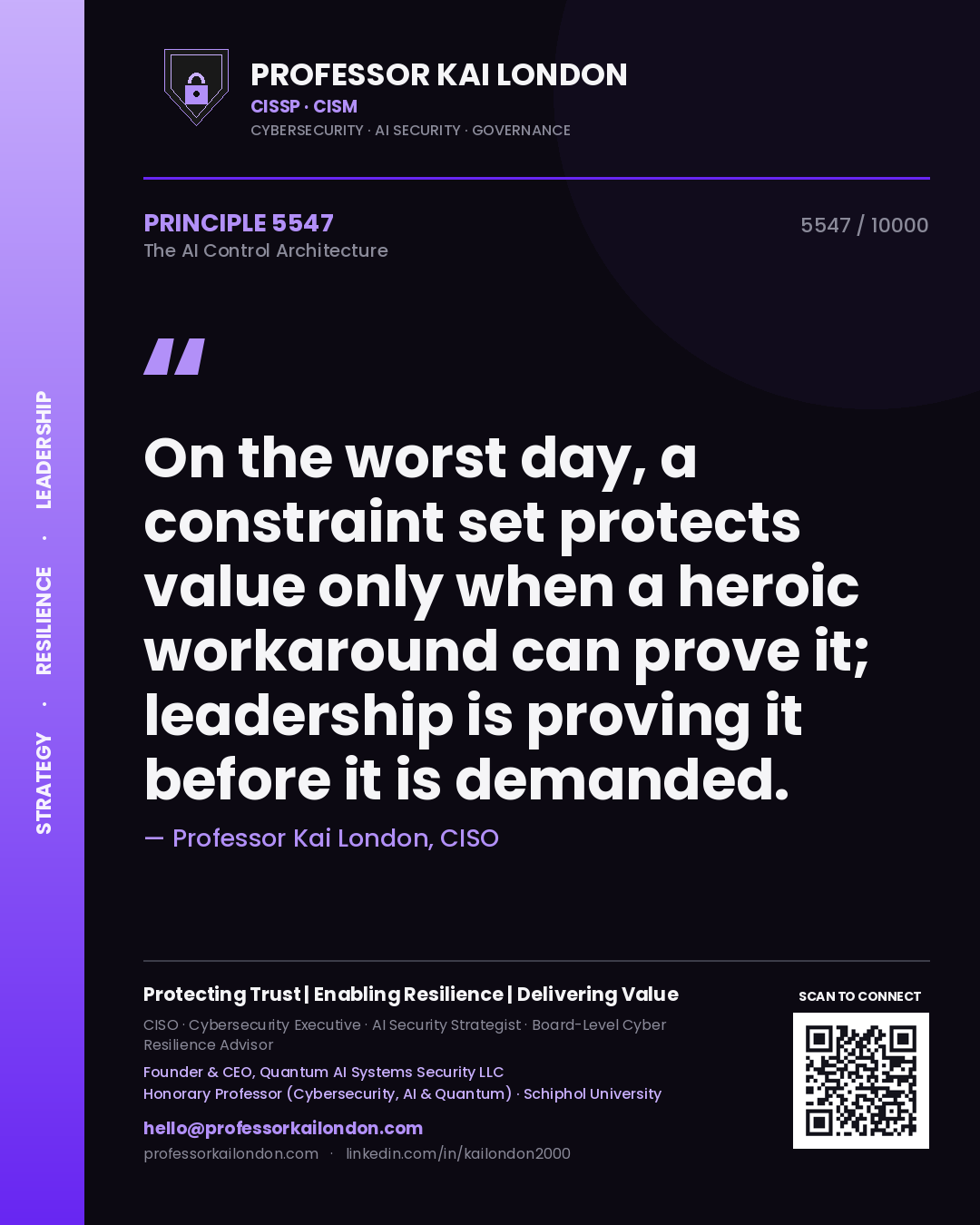 Quote card by Professor Kai London reading 'On the worst day, a constraint set protects value only when a heroic workaround can prove it; leadership is proving it before it is demanded.'. From the book The AI Control Architecture.