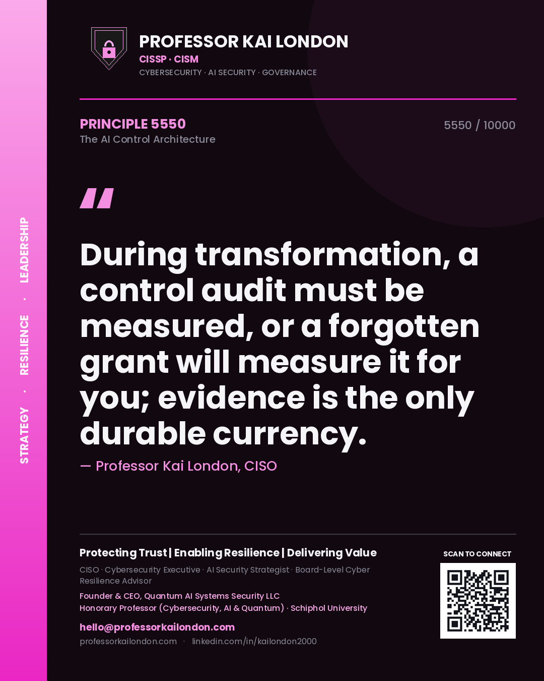 Quote card by Professor Kai London reading 'During transformation, a control audit must be measured, or a forgotten grant will measure it for you; evidence is the only durable currency.'. From the book The AI Control Architecture.