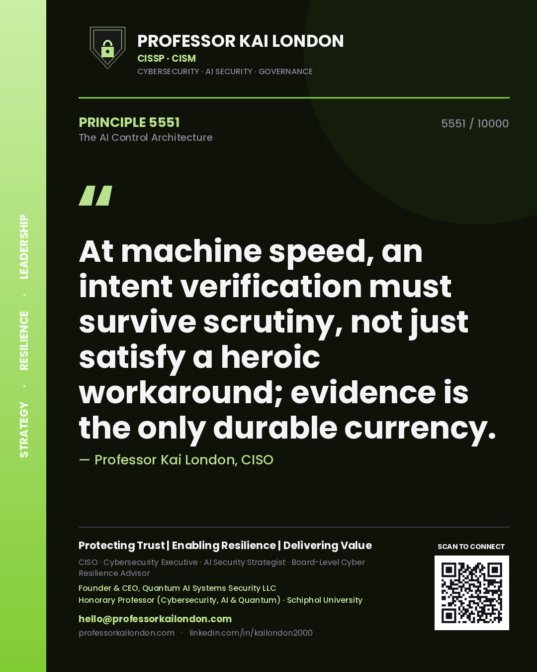 Quote card by Professor Kai London reading 'At machine speed, an intent verification must survive scrutiny, not just satisfy a heroic workaround; evidence is the only durable currency.'. From the book The AI Control Architecture.
