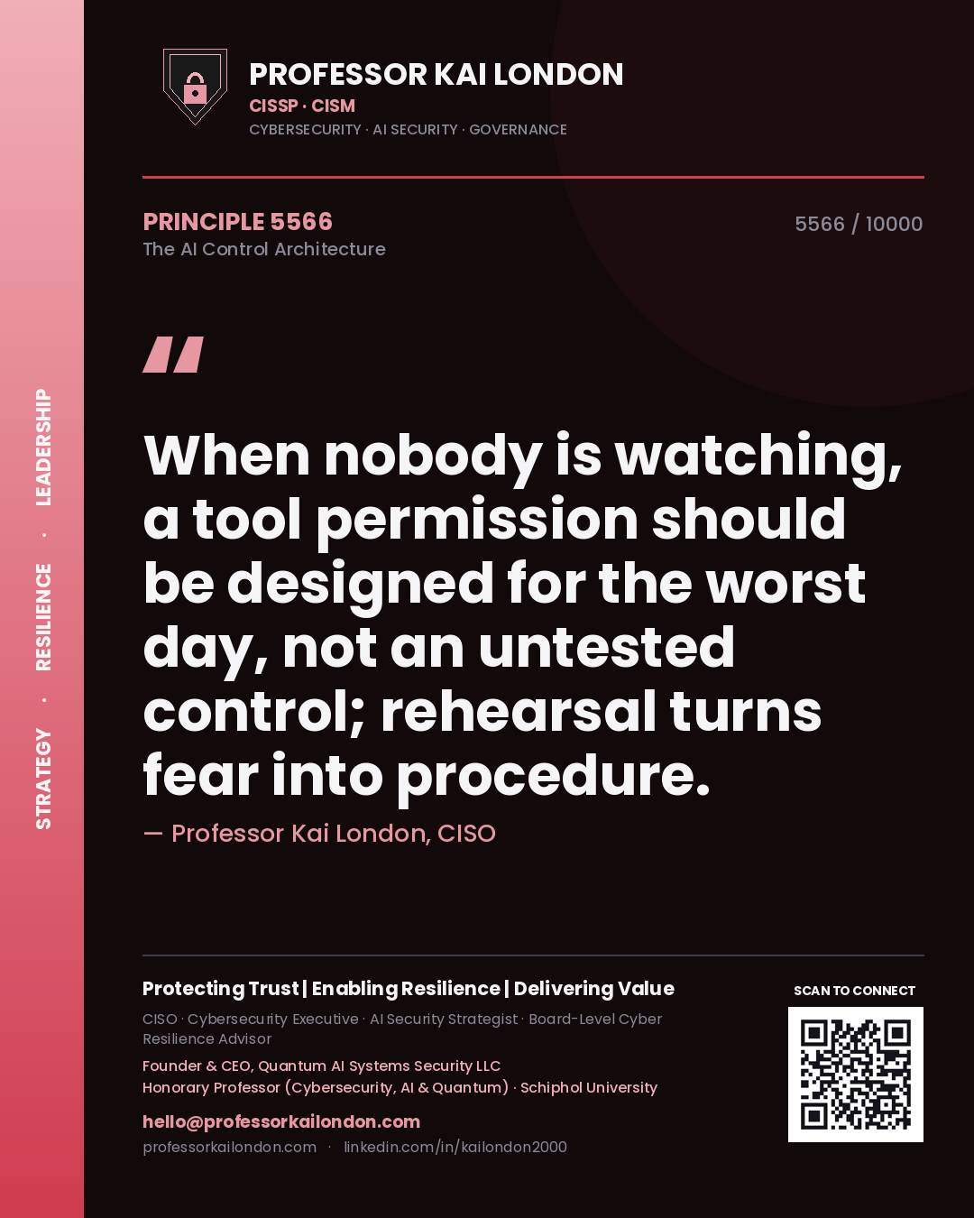 Quote card by Professor Kai London reading 'When nobody is watching, a tool permission should be designed for the worst day, not an untested control; rehearsal turns fear into procedure.'. From the book The AI Control Architecture.