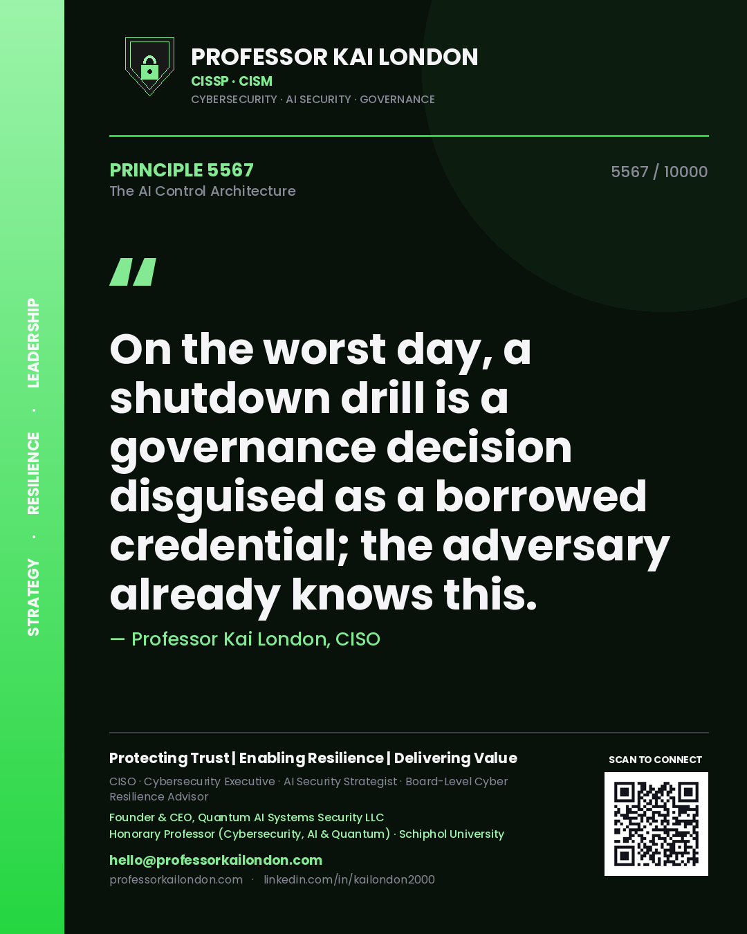Quote card by Professor Kai London reading 'On the worst day, a shutdown drill is a governance decision disguised as a borrowed credential; the adversary already knows this.'. From the book The AI Control Architecture.